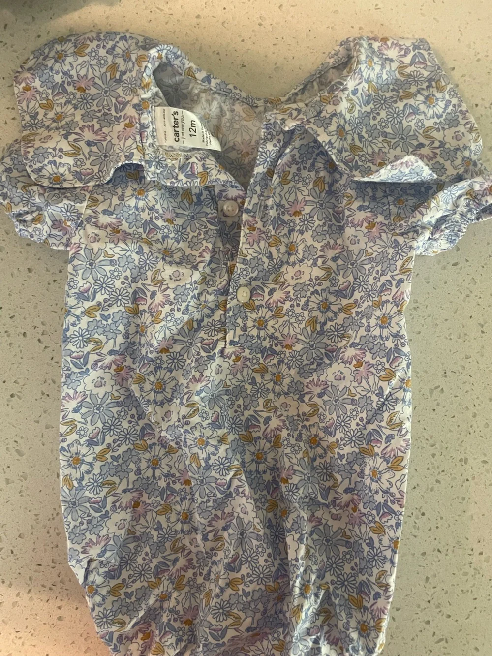 Carter's Cream Floral Button Romper with Puff Details